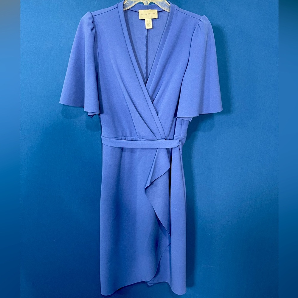 Periwinkle Cornflower Blue Midi stretch crepe faux wrap dress Sz 10